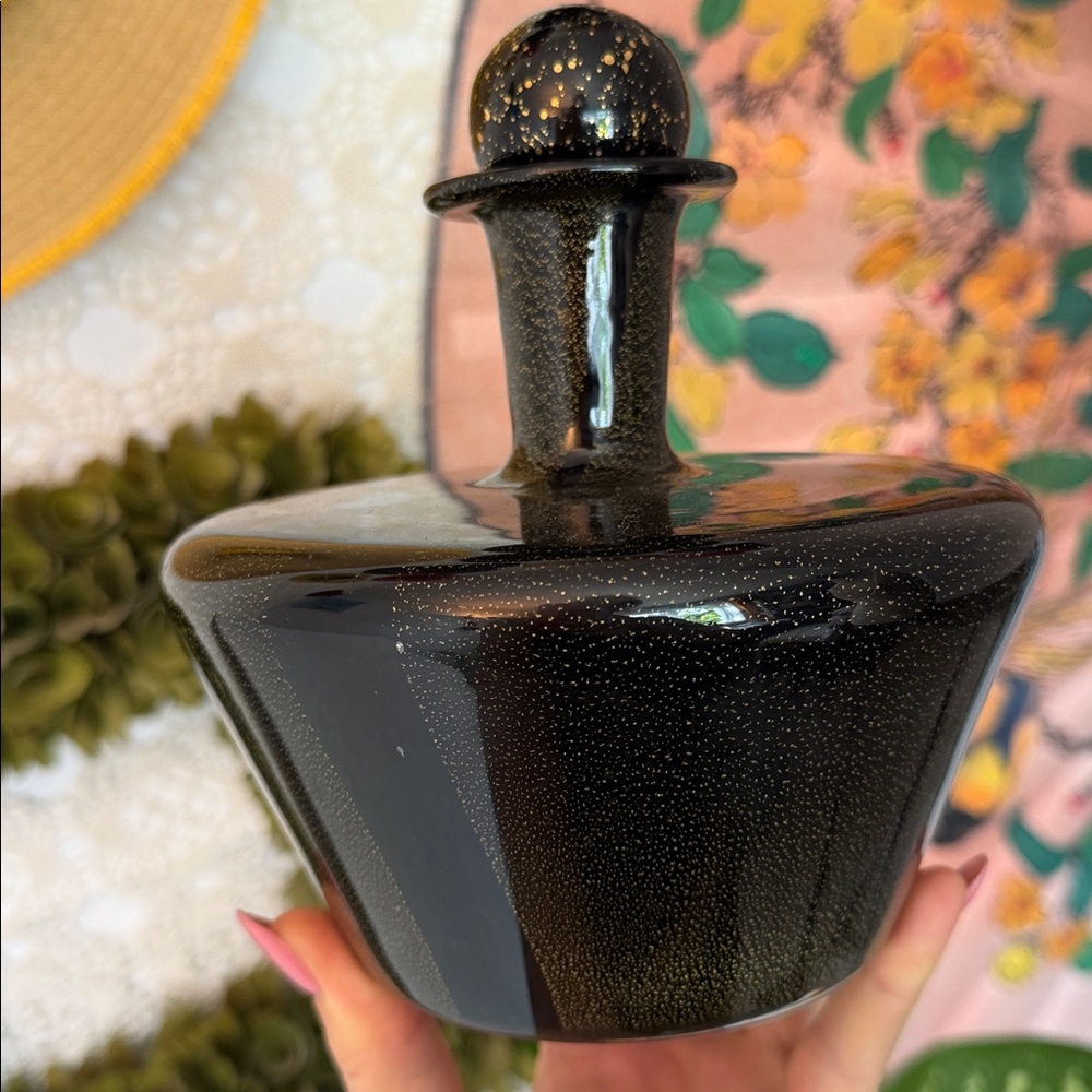 Italian Vintage Blown Murano Black Gold Decorative Bottle w. Stopper